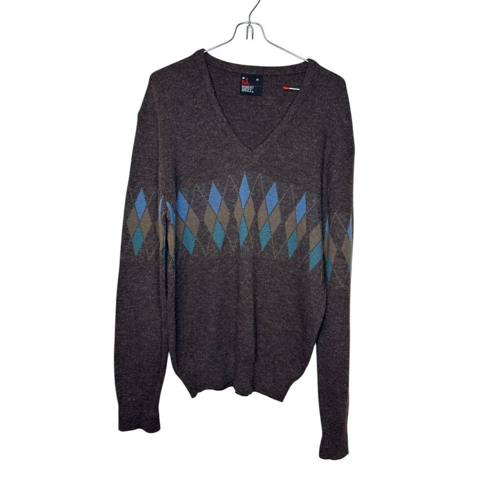 Robert Bruce Men's‎ Sweater Pullover Argyle Pattern Long Sleeve Grey/Blue Medium